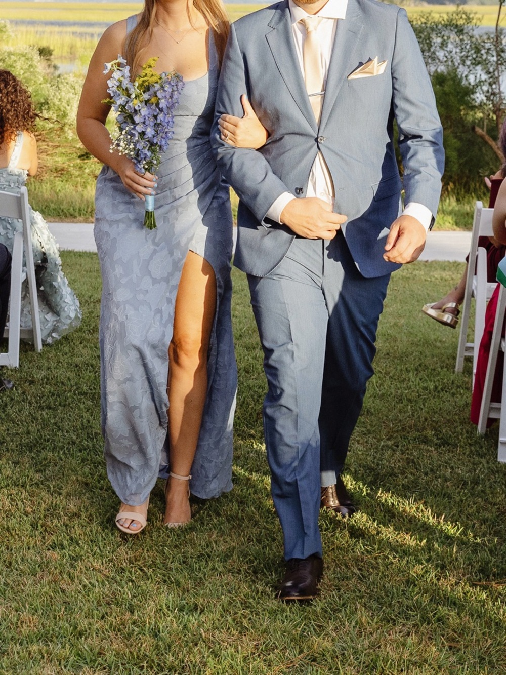 Azazie Dusty Blue Sheath Pleated Floral Burnout Bridesmaid Dress - Picture 4 of 5